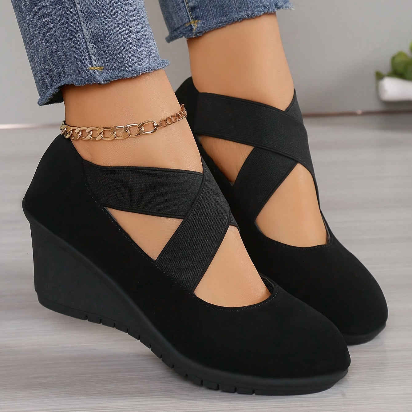 Women's Wedge Heel Shoes Black Thick Sole Ballet Flats All Seasons