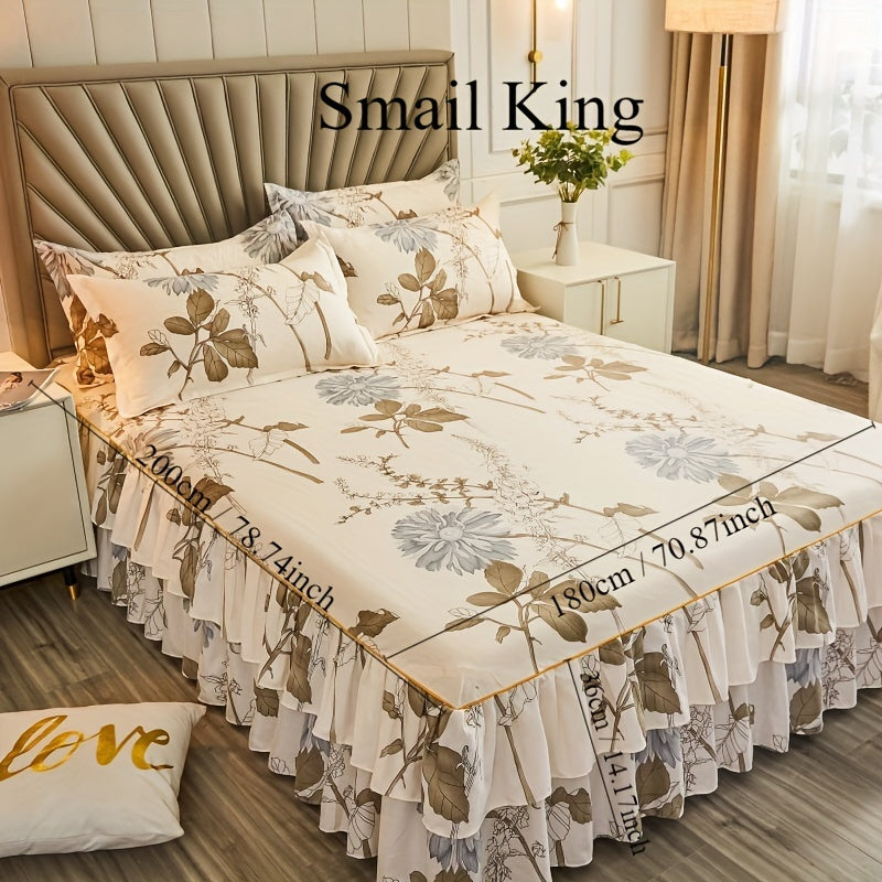 Set of 3 Tropical Floral Bedding Set with Lace Bed Skirt and Pillowcases Ruffled Edges Purple