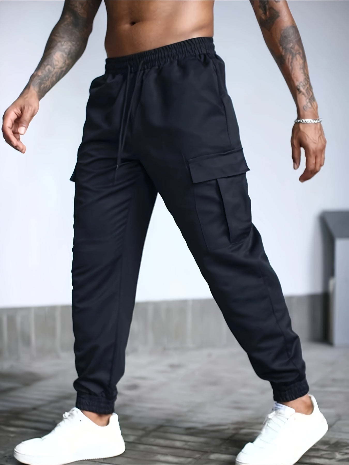 Plus Size Men's Cargo Joggers with Pockets Solid Woven Polyester Casual All-Season