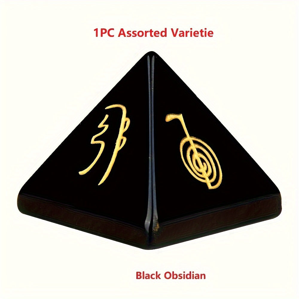 Hand-Carved Reiki Symbol Pyramid Natural Stone with Healing Crystals for Meditation and Gift