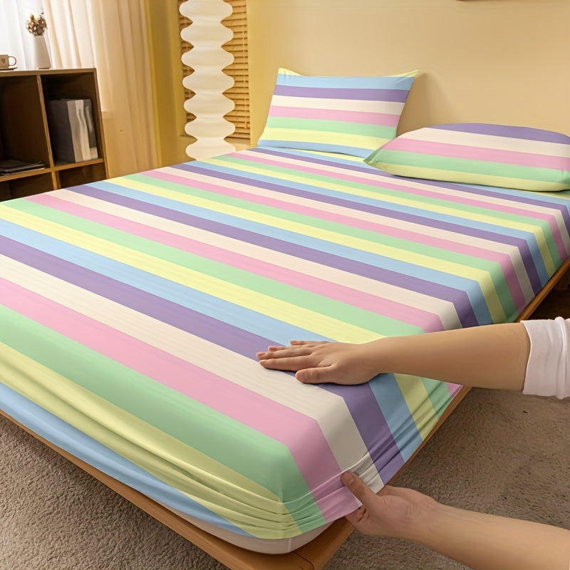 Striped Brushed Fitted Sheet Deep Pocket Mattress Protector for Bedroom Guest Room