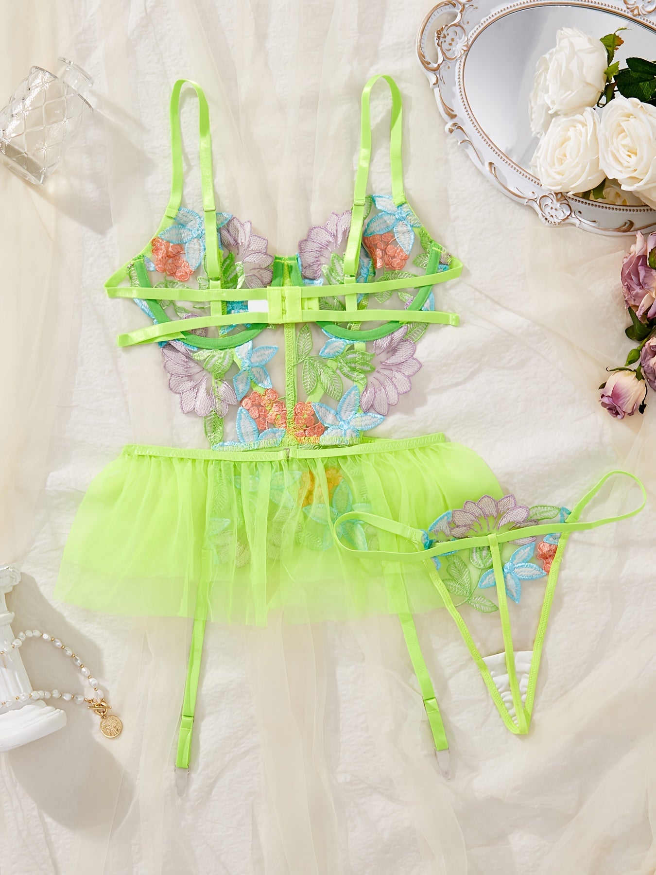 Women's Floral Embroidery Lingerie Set with Garter Belts and Thong