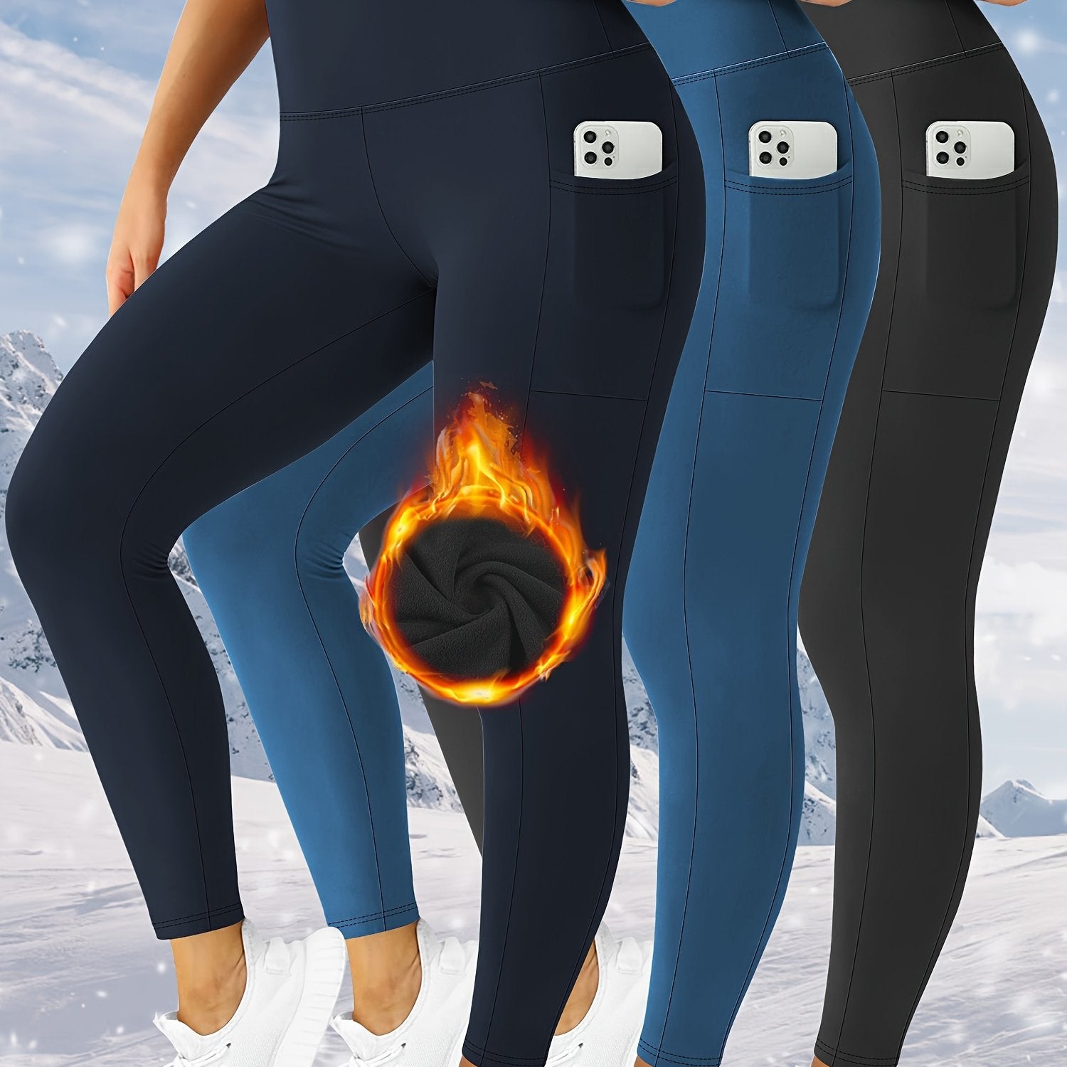 Plus Size Women's Fleece Lined Yoga Leggings Set with Phone Pockets