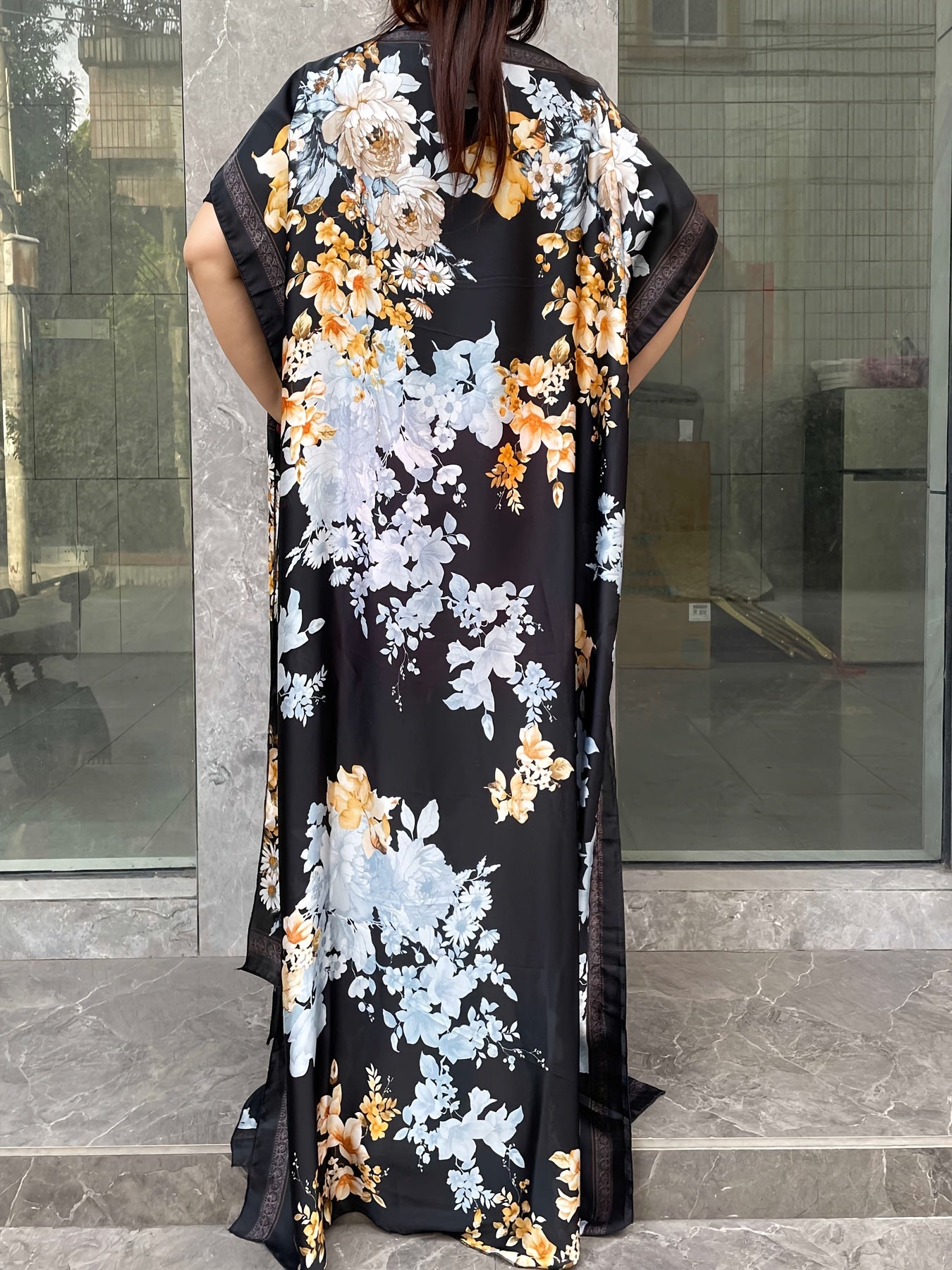 Women's Plus Size Floral Print Tunic Dress with Scarf Polyester Long Sleeve