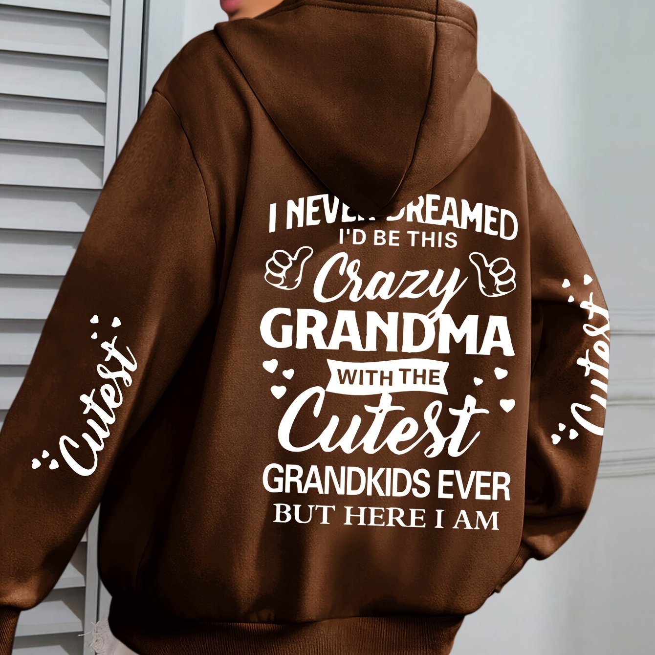 Толстовка с крупным принтом букв Plus Size Crazy для женщин, с длинными рукавами, повседневная, с капюшоном и карманами на шнурке