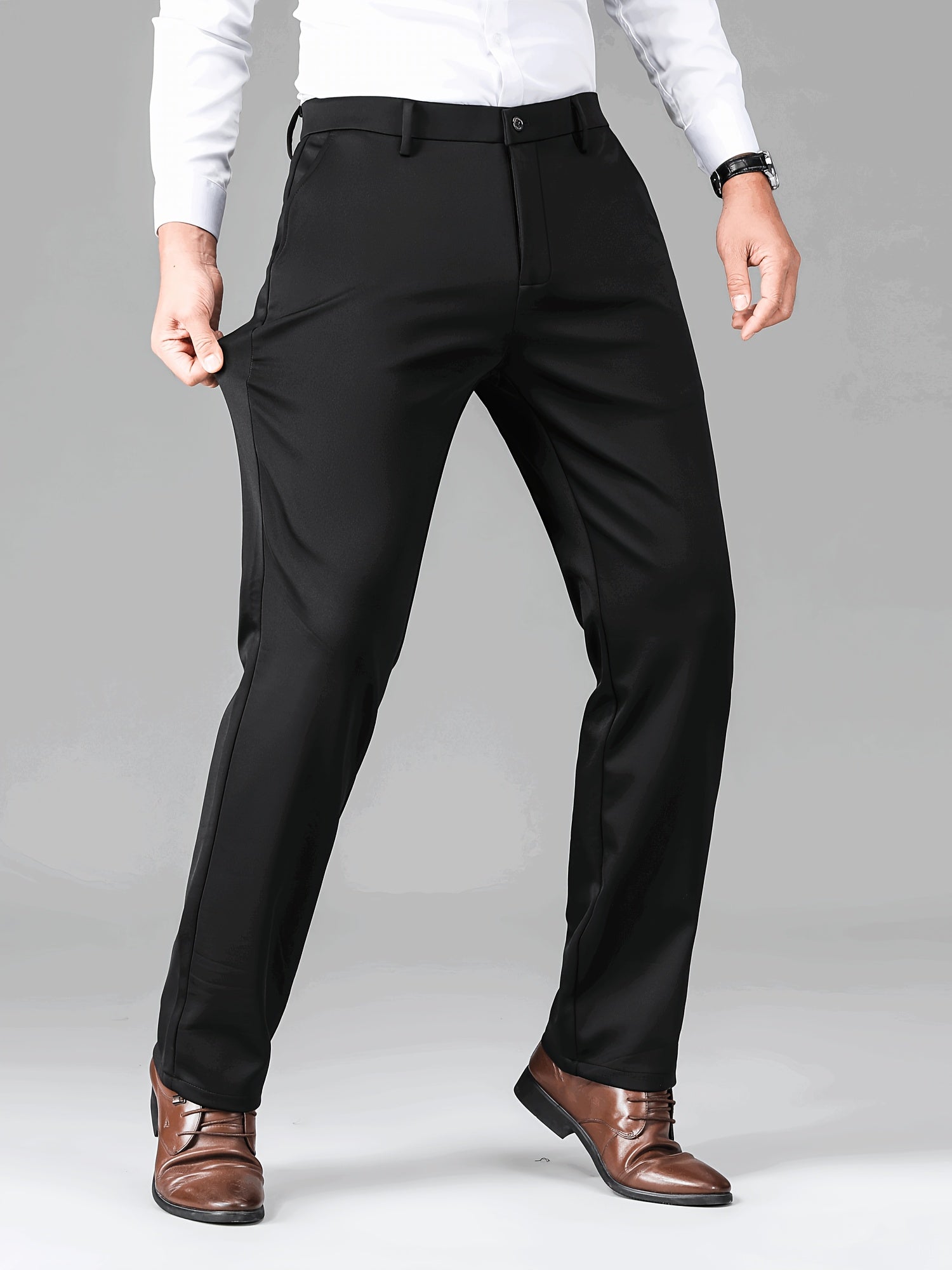 Pantalones de vestir semi-formales negros para hombre, tela elástica resistente a las arrugas, con bordado de insignia, para todas las estaciones, casual de negocios