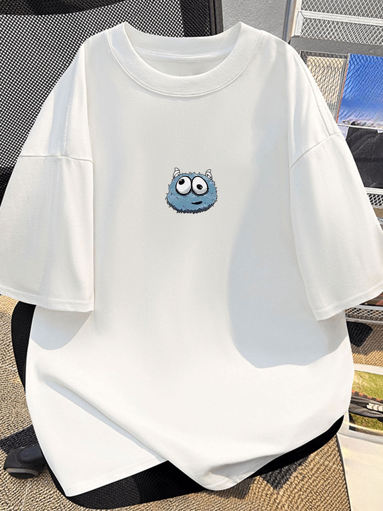 Men's Black Short Sleeve T-Shirt with Blue Monster Graphic Cotton Casual Relaxed Fit