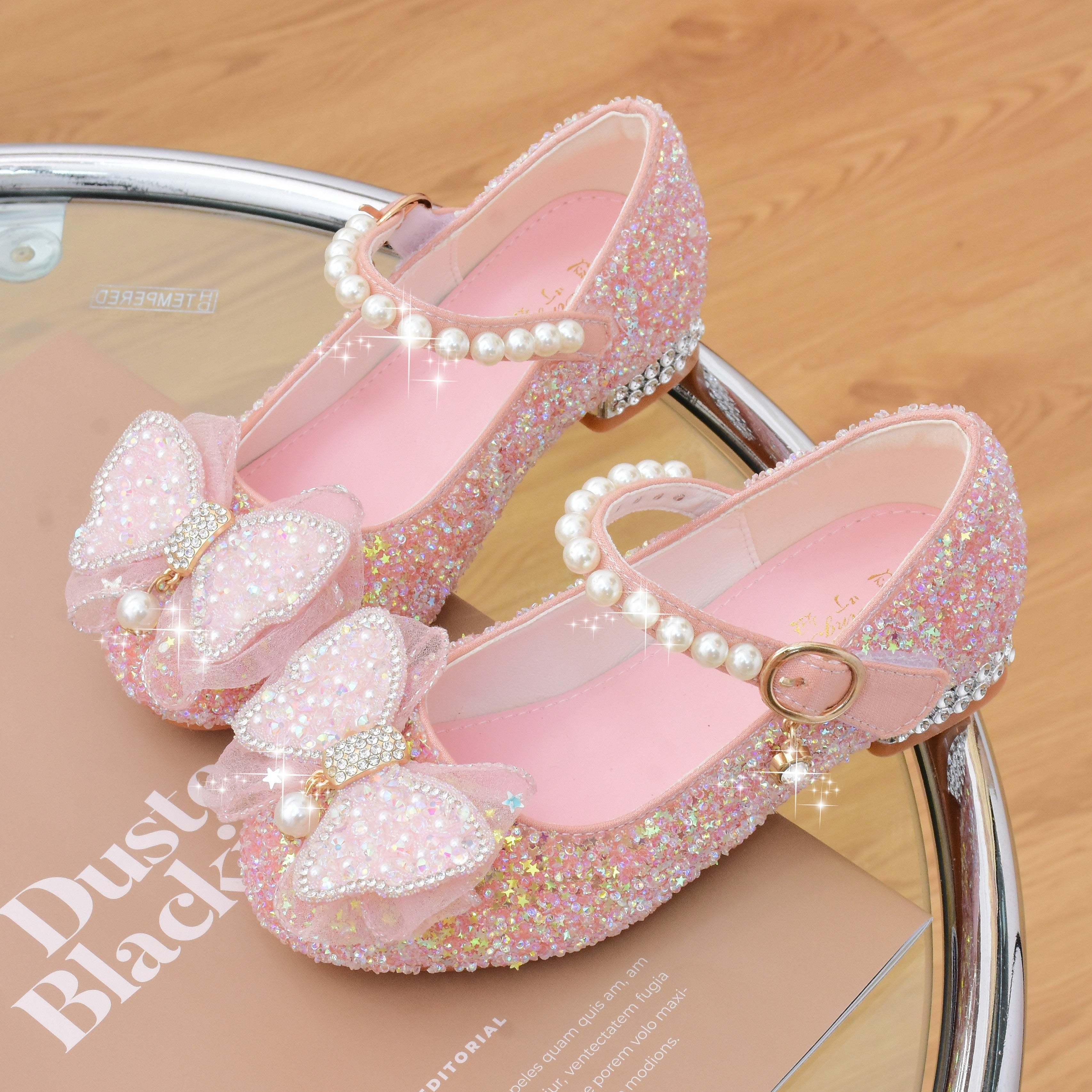 Girls High Heel Shoes with Bowknot and Pearl Embellishments for Parties and Events