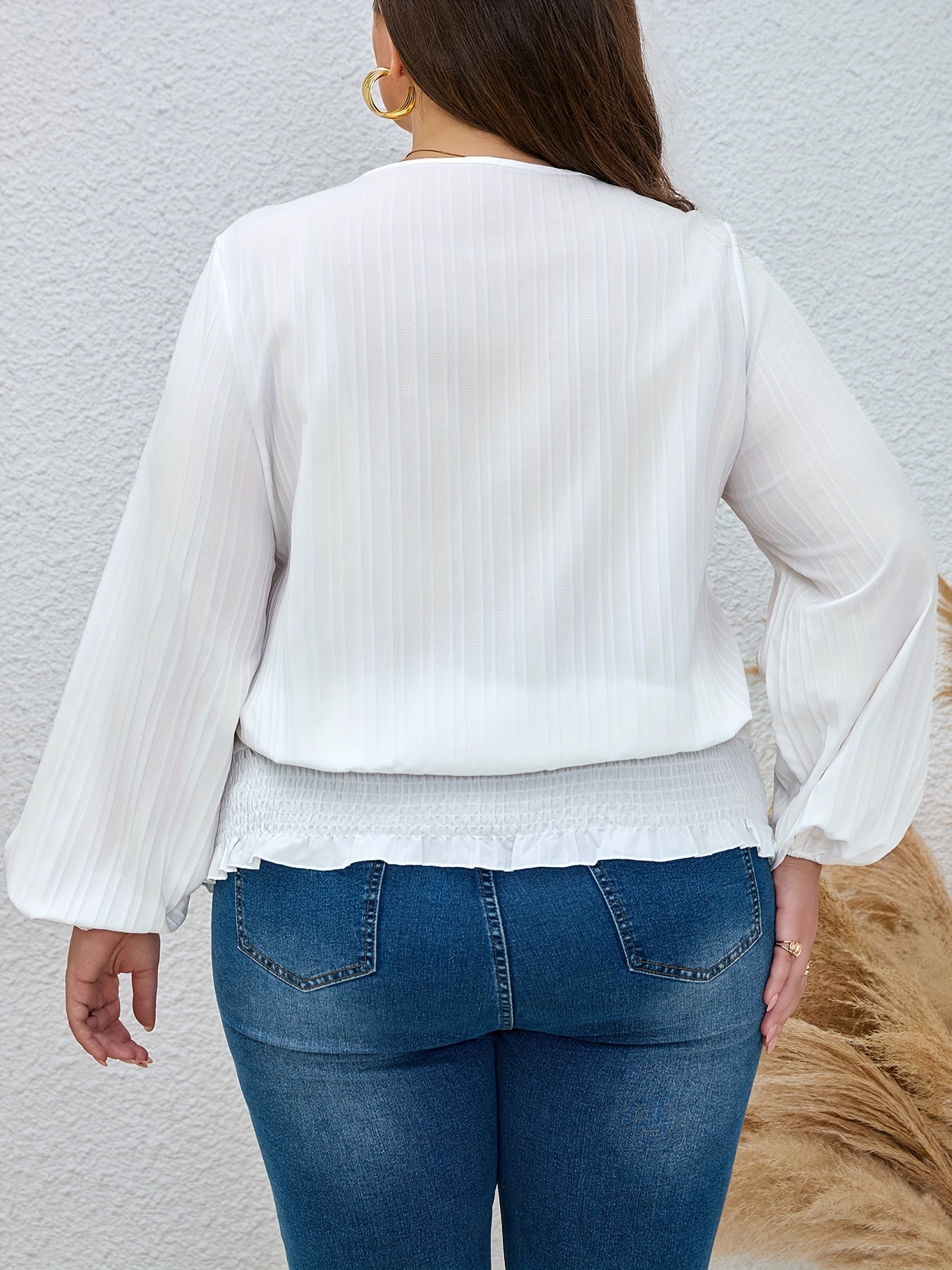 Women's Plus Size Black Lace Blouse with Ruffled Neckline and Bell Sleeves