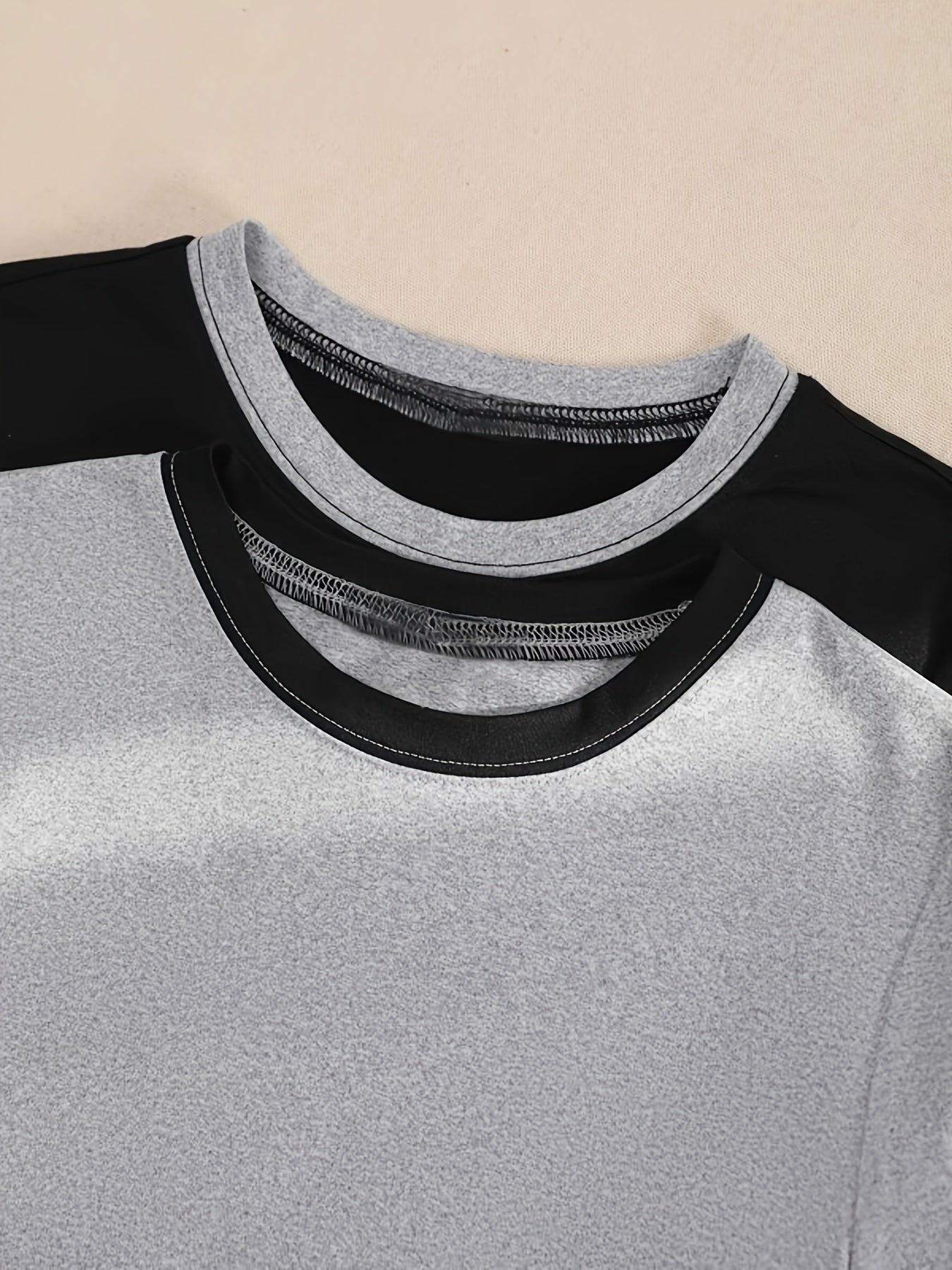 Women's Summer Short Sleeve Splicing Top Solid Color Slim Fit Polyester Knit Crew Neck Casual