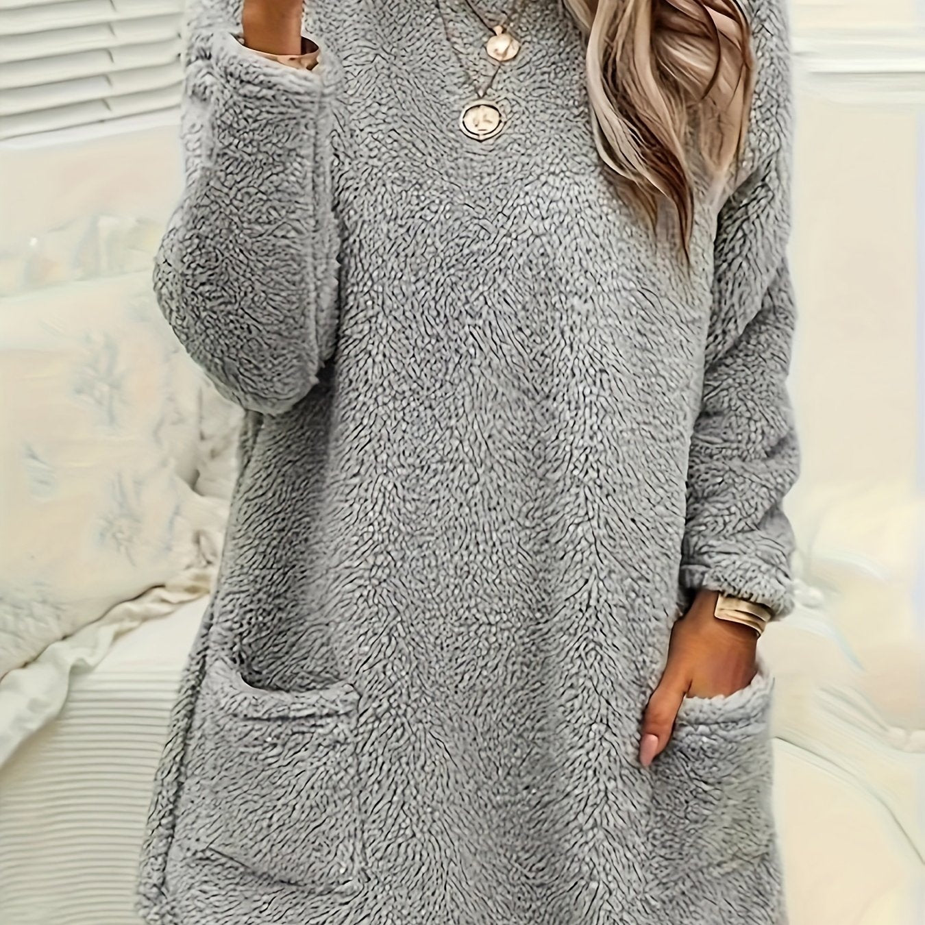 Yumshoq teddy fleece pullover, cho'ntaklar bilan - ayollar uchun qulay loungewear, mashinada yuvish mumkin.