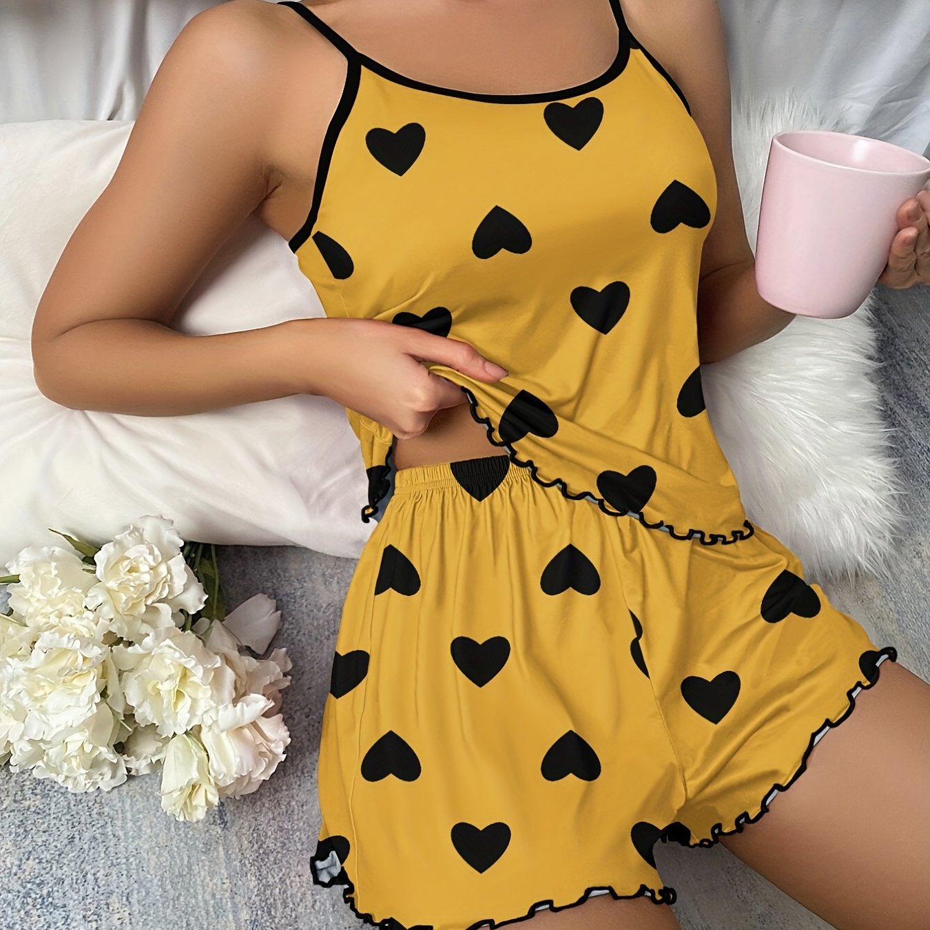 Conjunto de pijama con estampado de corazones para mujer con top tipo camisón y pantalones cortos con dobladillo de lechuga, ropa de dormir y ropa de estar en casa