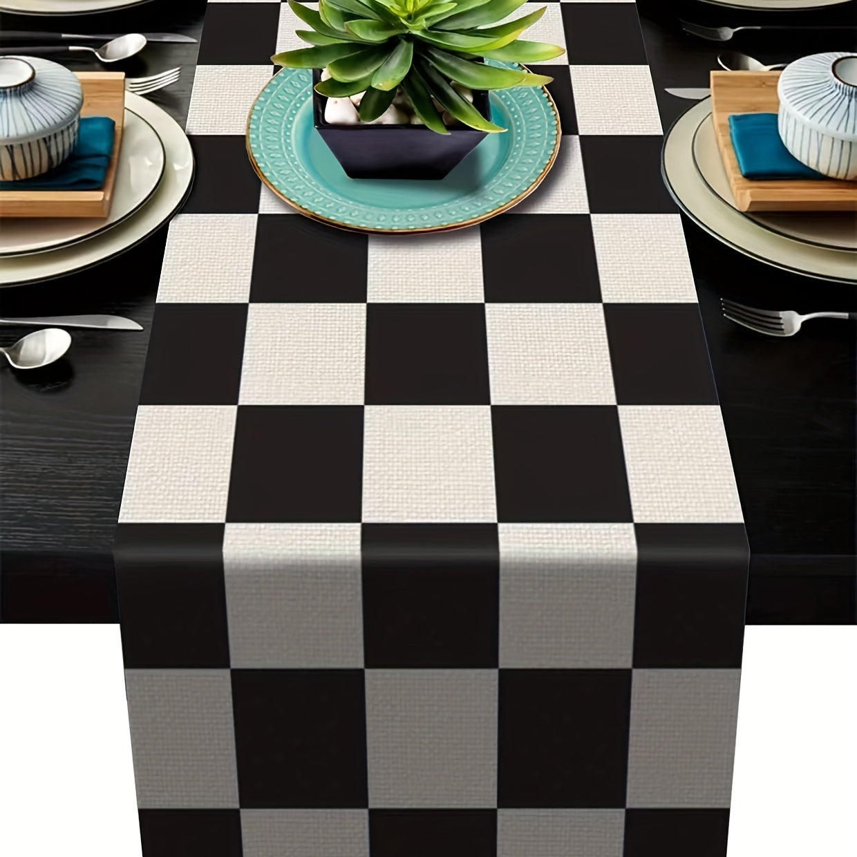 Geometric Stripe Linen Table Runner Black and White for Home Decor and Dining