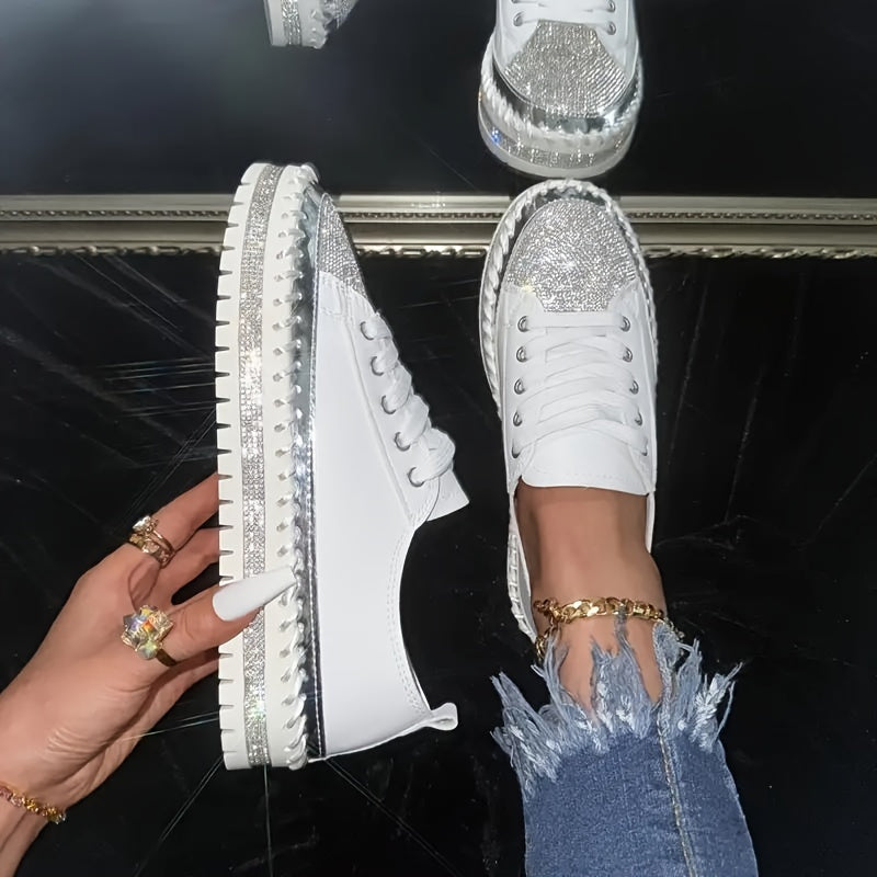 Women's Lace-Up Sneakers with Rhinestones Low Top All-Season Plus Size