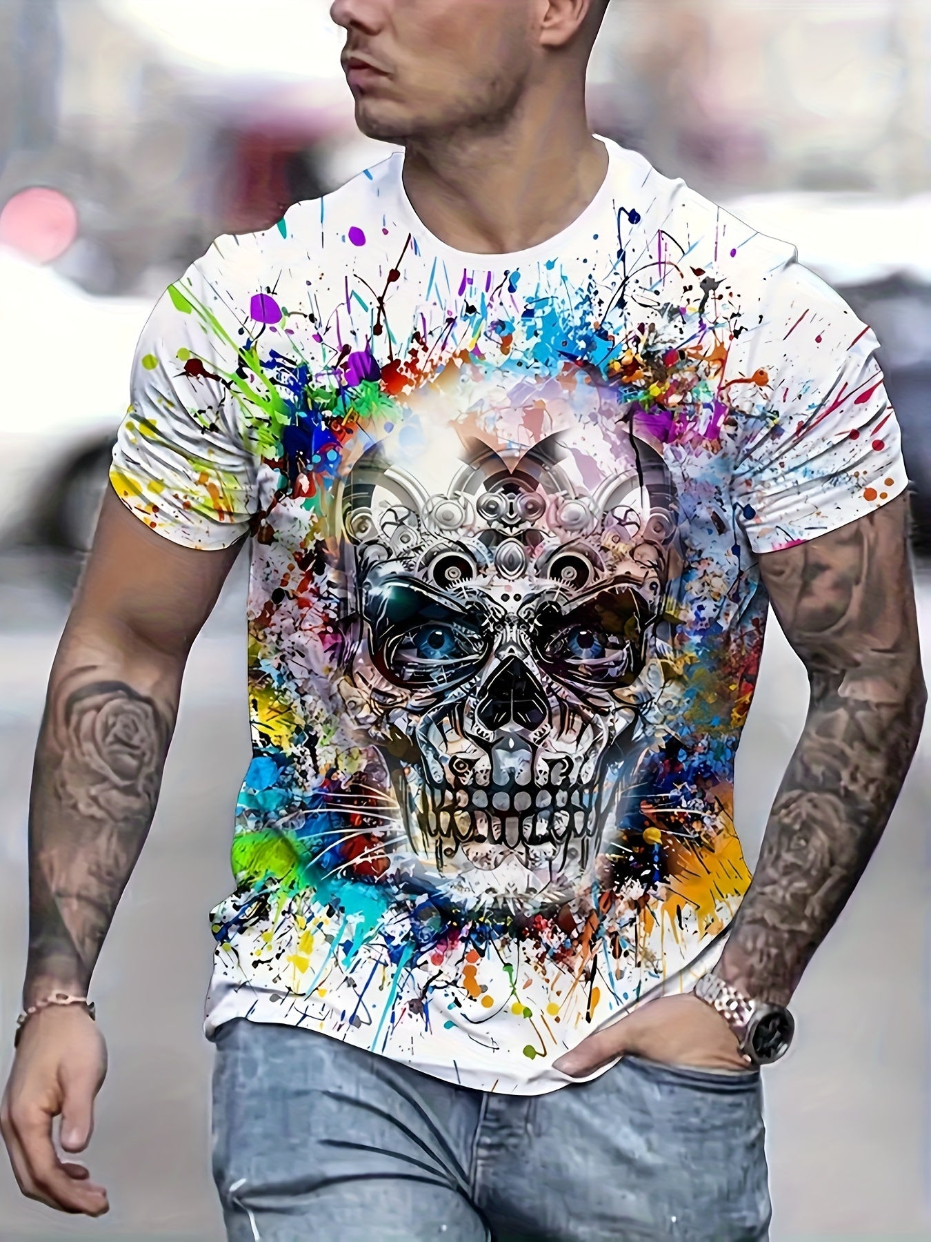Men's 3D Skull Print T-Shirt Casual Quick-Dry Polyester for Running Hiking Camping
