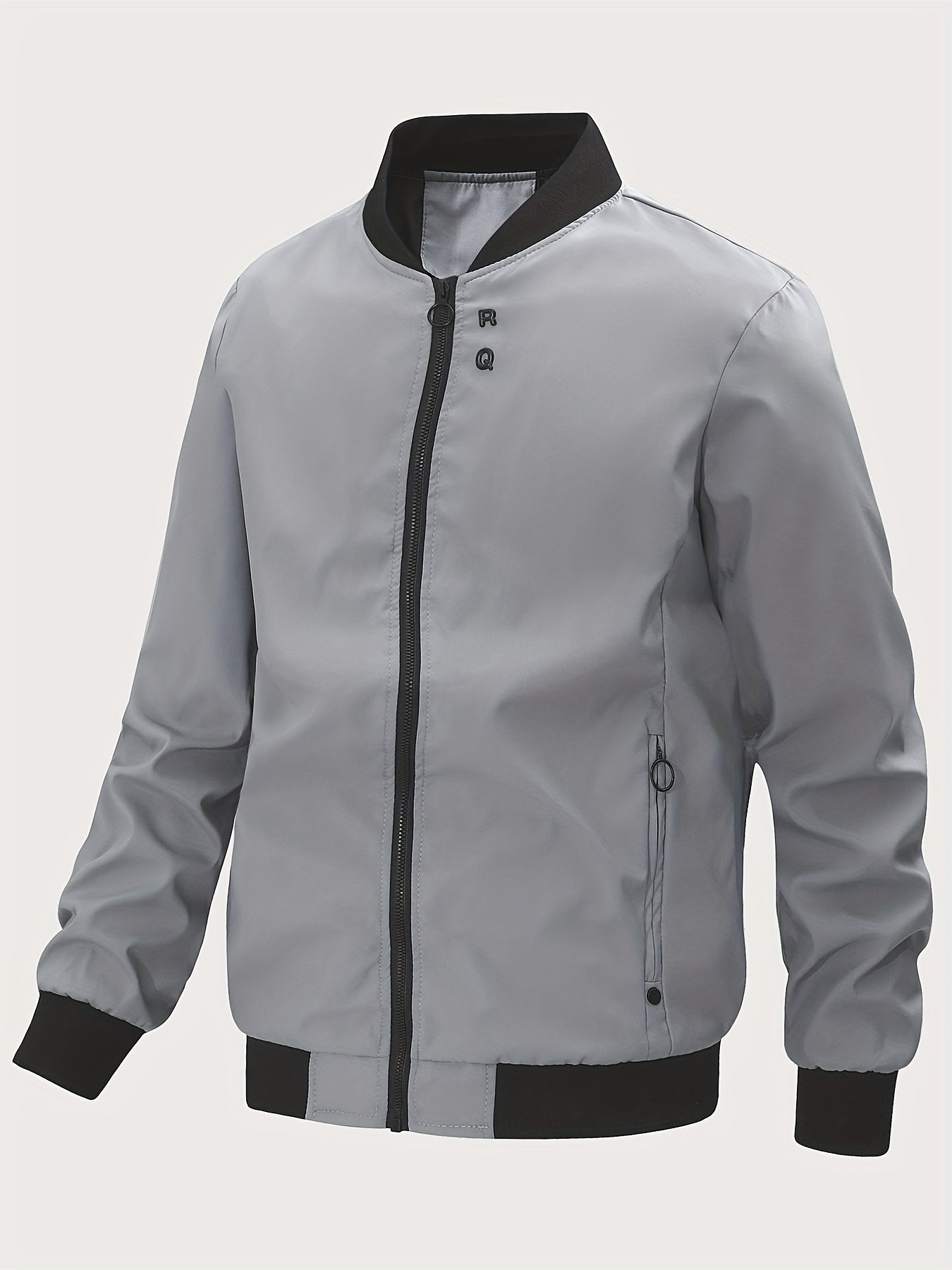 Men's Solid Color Polyester Zipper Jacket with Stand Collar Long Sleeves Casual All-Season