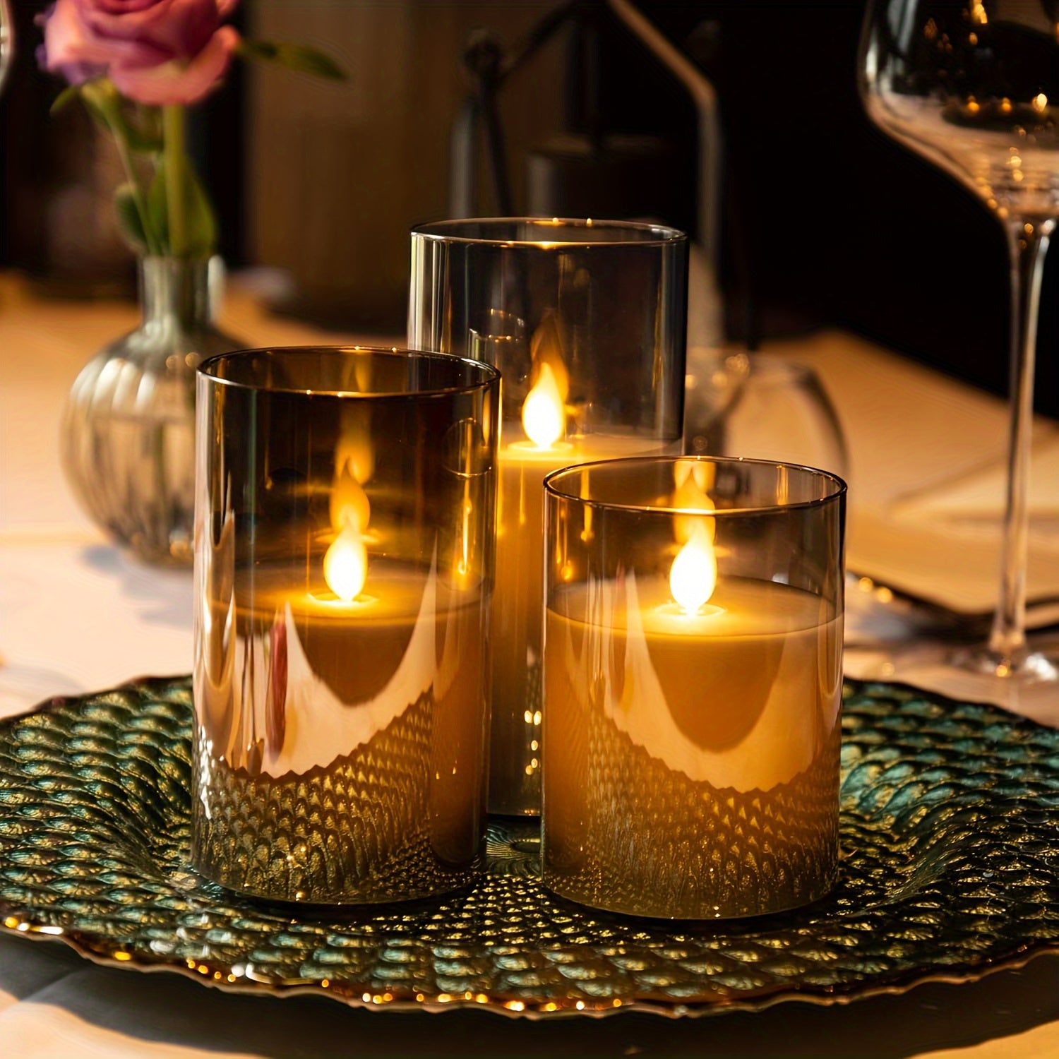 Set of 3 Gray Flameless LED Candles with Remote Timer Battery-Powered