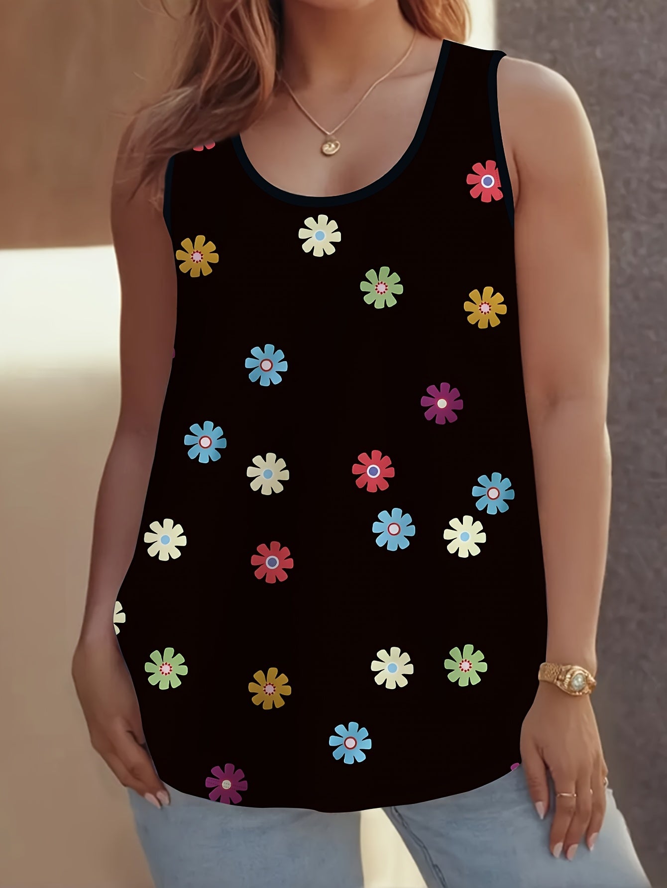 Plus Size Women's Floral Print Round Neck Top Polyester Spandex Black All-Season