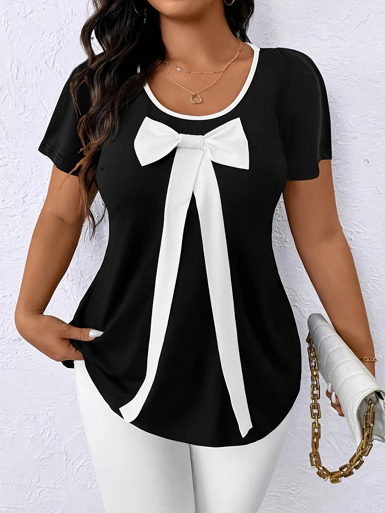 Plus Size Women's Navy Blue White Contrast Bow Short Sleeve Top Casual Summer Blouse