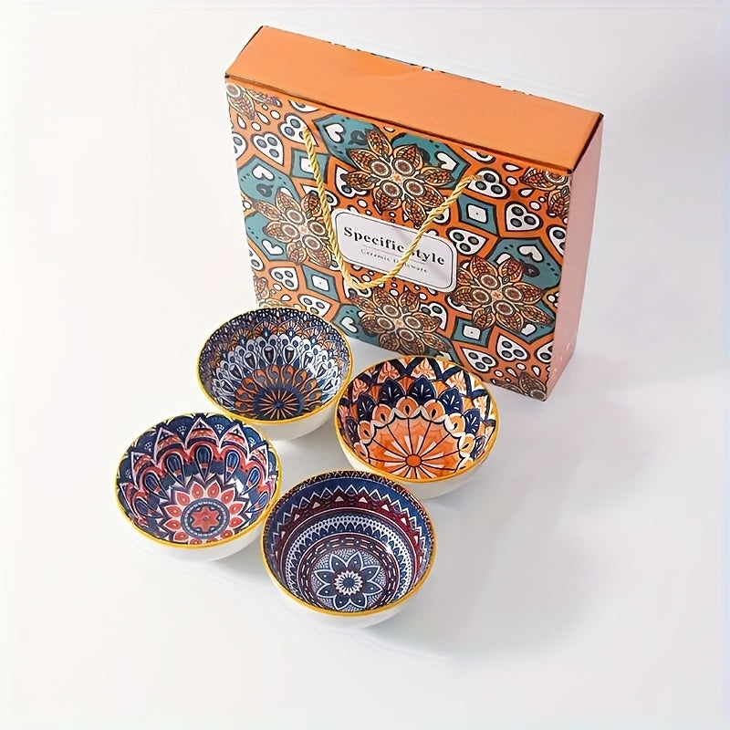 Handmade Ceramic Bowls Set with Vibrant Orange and Blue Mandala Design for Serving Cereal Ice Cream Pasta