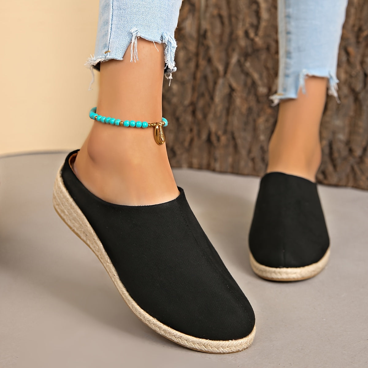 Женские льняные слипоны на среднем каблуке с джутовой подошвой черный бежевый