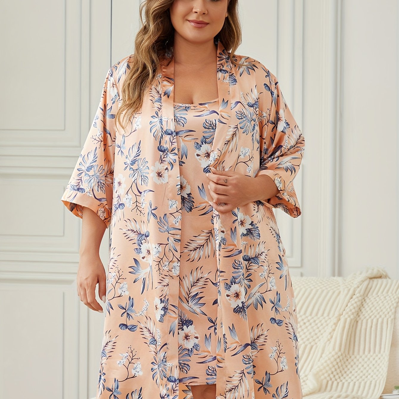 Plus Size Satin Leopard Print Pajama Set with Robe and Cami Dress