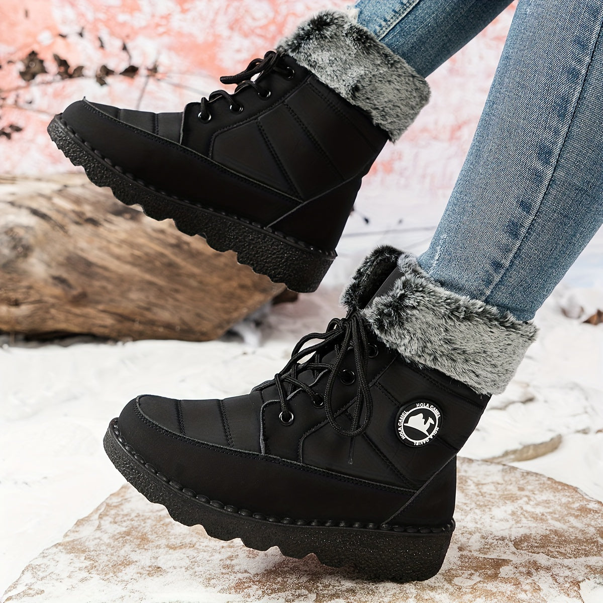 Women's Winter Snow Boots Mid-Calf Casual Solid Color Lace-Up Wedge