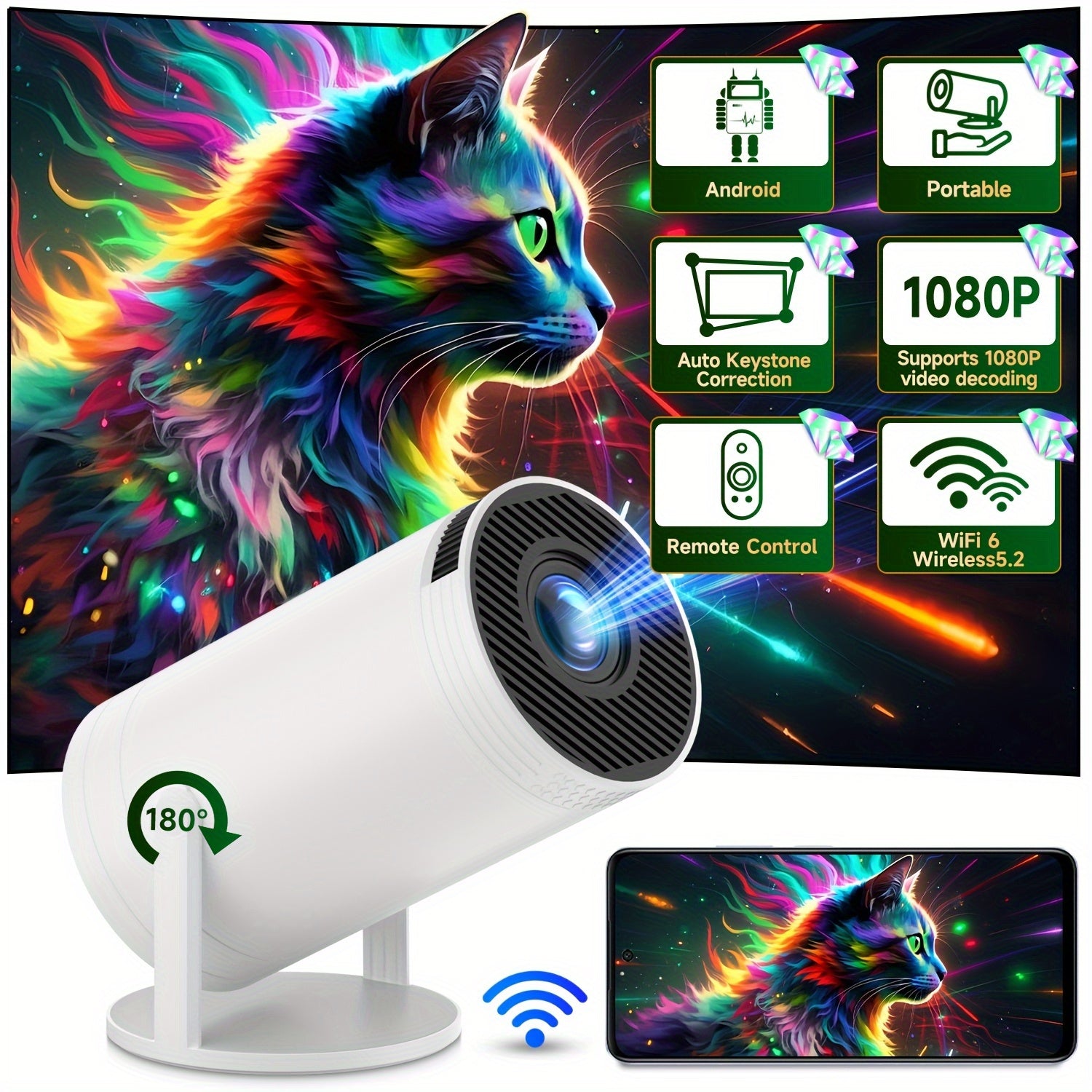 Portable WiFi6 Wireless Projector 1080P Support 3.3m Zoom 180° Rotation