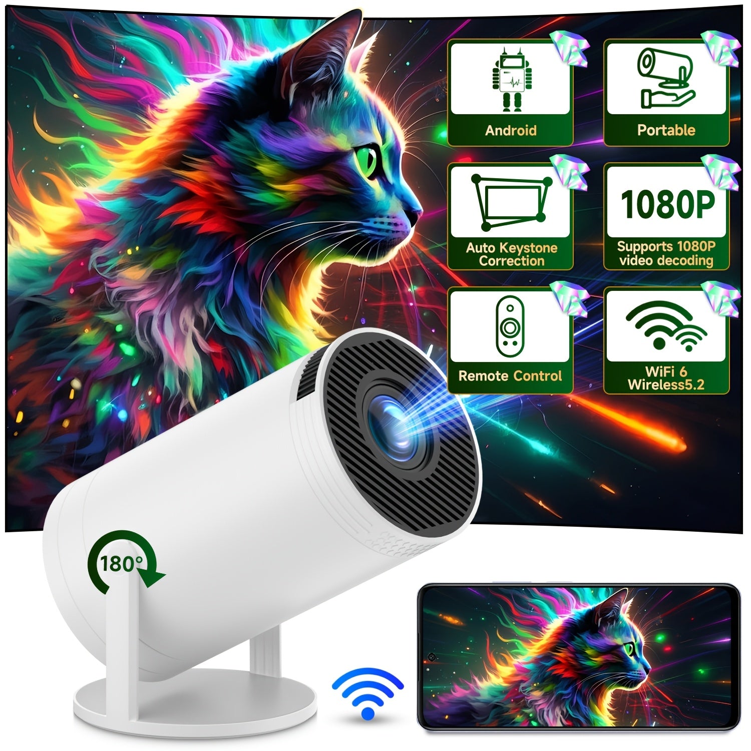 Portable WiFi6 Wireless Projector 1080P Support 3.3m Zoom 180° Rotation