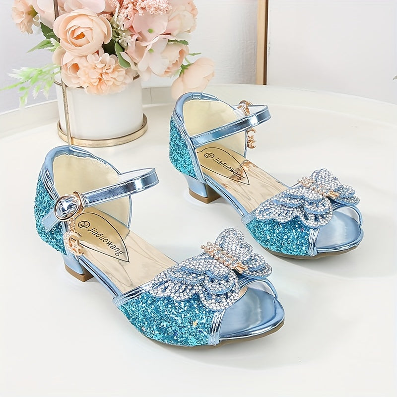 Girls Summer Butterfly Princess High Heeled Dance Shoes with Sequins and Buckle Closure