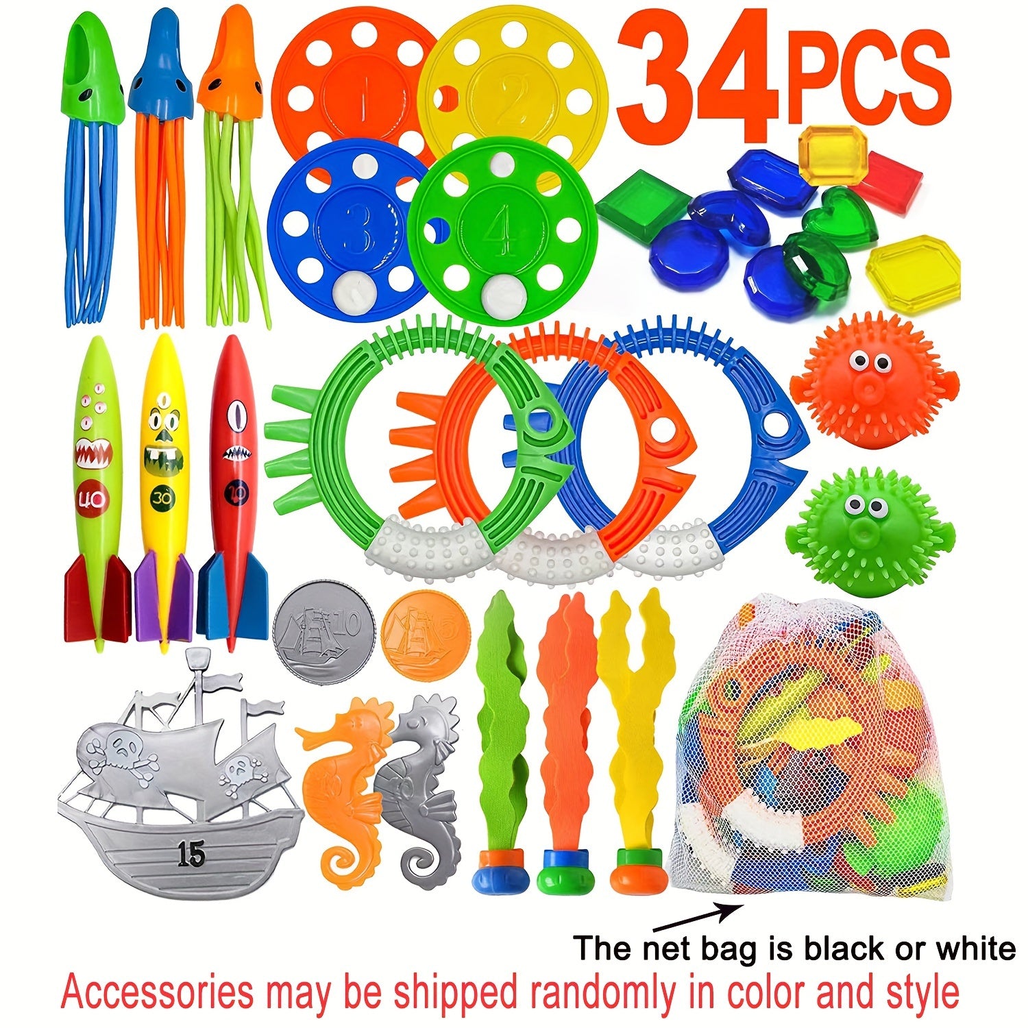 Children's Pool Toy Set with Underwater Swim Games PVC Beach Dive Sticks Rings and Treasure Toys