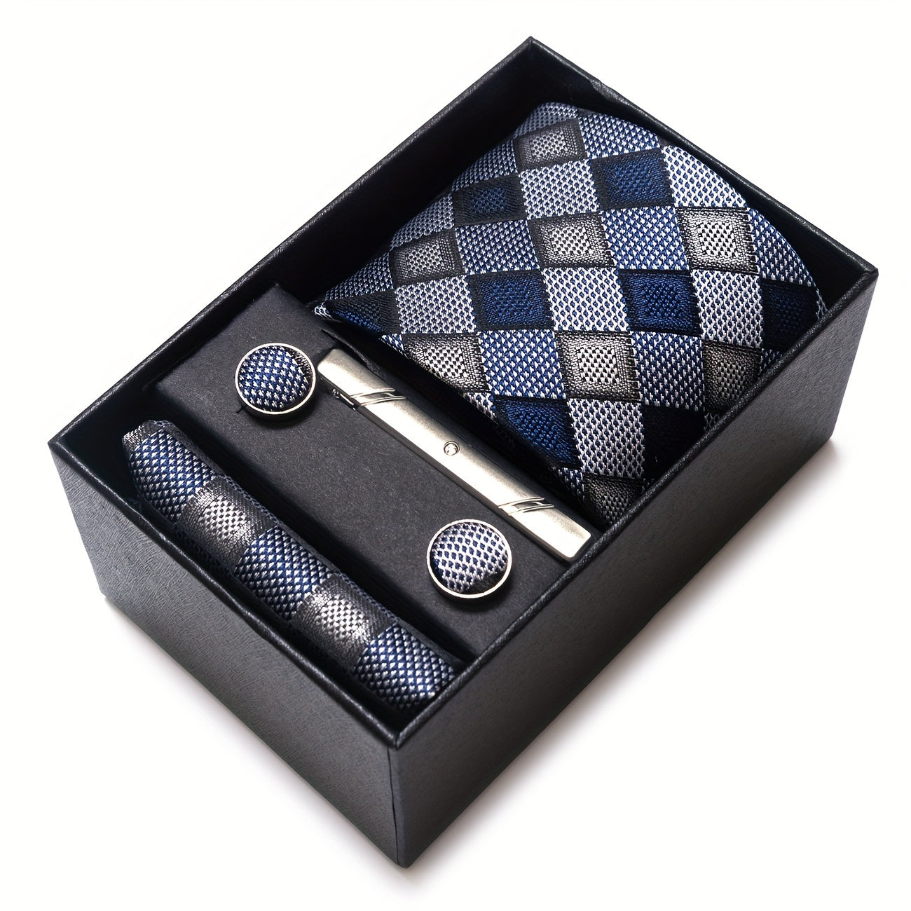 Men's Plaid Tie Set with Pocket Square Cufflinks and Tie Clip in Gift Box