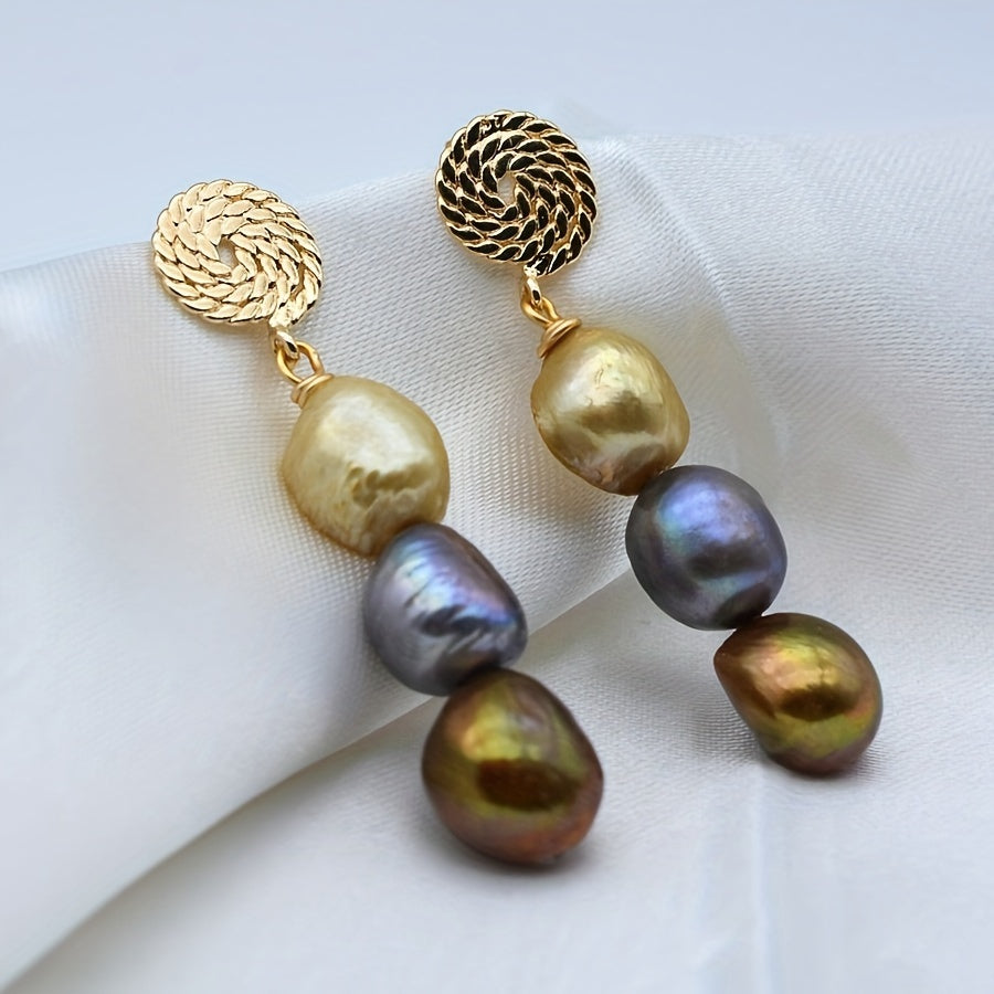 Vintage Baroque Freshwater Pearl Earrings for Women 14K Gold Plated Irregular Multicolor June Birthstone