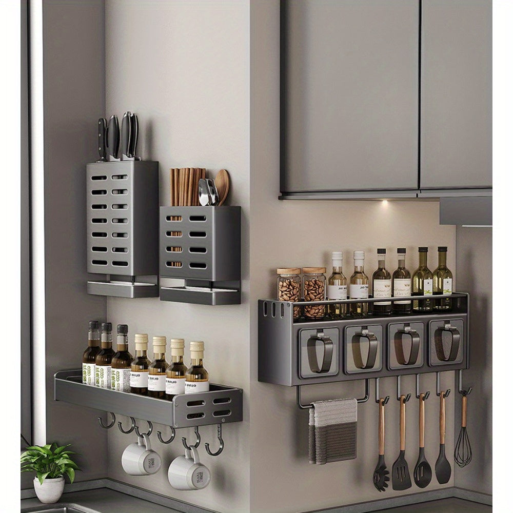 Modern Wall-Mounted Metal Spice Rack Organizer with Hanging Shelf for Kitchen Storage