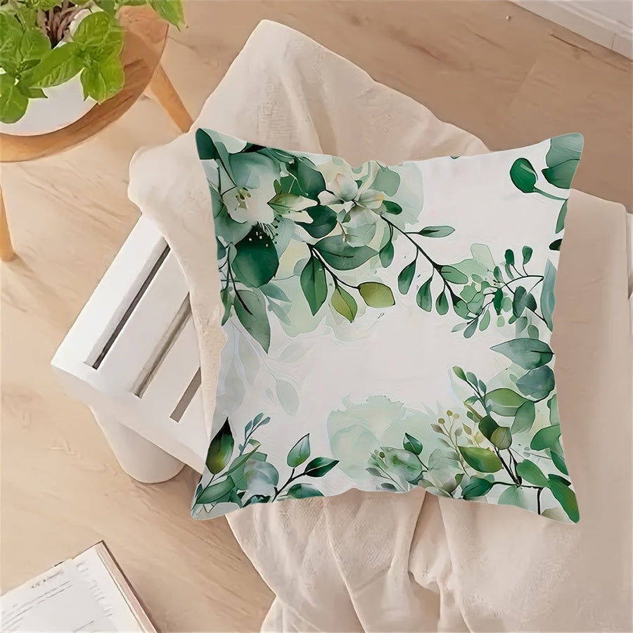 Polyester Throw Pillow Cover with Green and White Leaf Design 45cm x 45cm Machine Washable