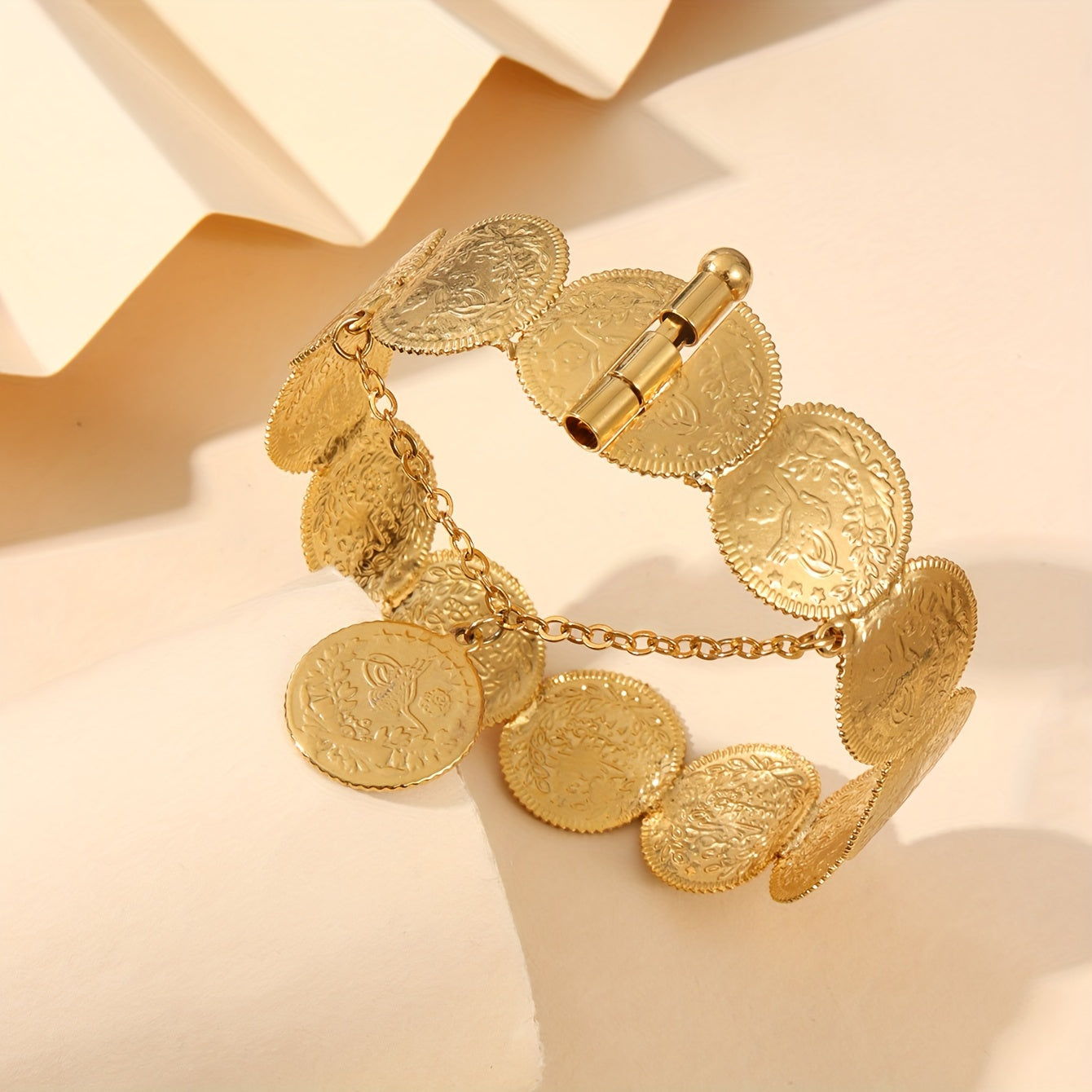 Gold Plated Bangle Bracelet with Coin Detail Vintage Style Copper Alloy for Women