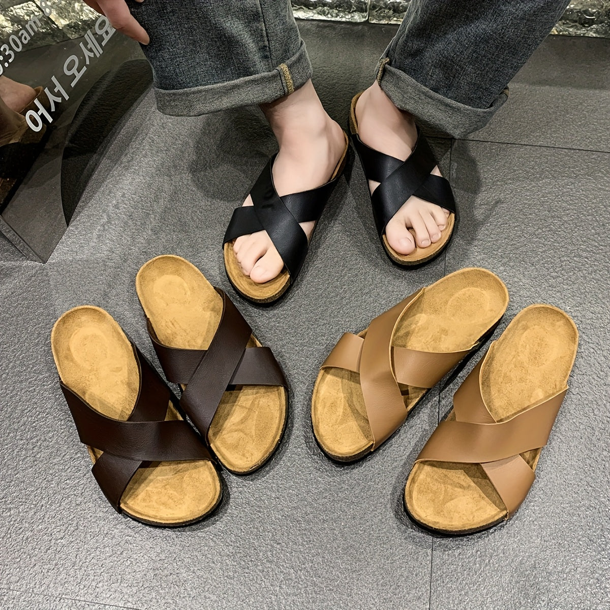 Erkaklar uchun ichki va tashqi foydalanish uchun zamonaviy ochiq barmoqli uy poyabzallari.