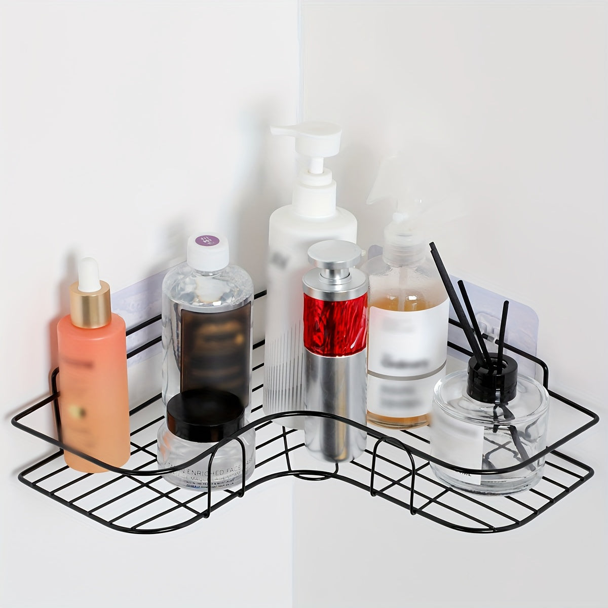 Black Stainless Steel Wall Shelf with 2 Tiers No-Drill Bathroom Kitchen Storage