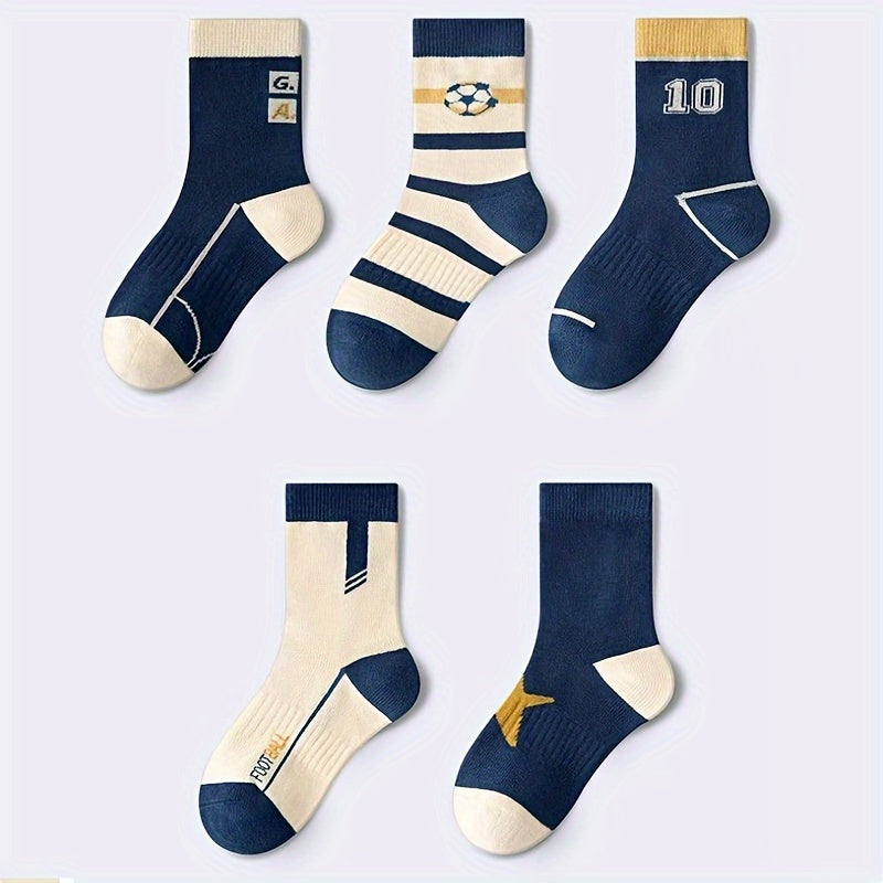 Conjunto de 5 pares de calcetines de fútbol de manga larga a rayas para niños, transpirables, de poliéster