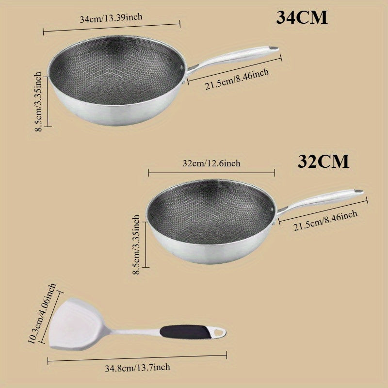 Stainless Steel Wok with Honeycomb Pattern Non-Stick Scratch-Resistant for Stir-Frying on Gas and Induction Cooktops