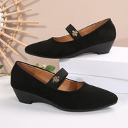 Women's Black Mary-Jane Flats Breathable Fabric Pointed Toe Mid Heel