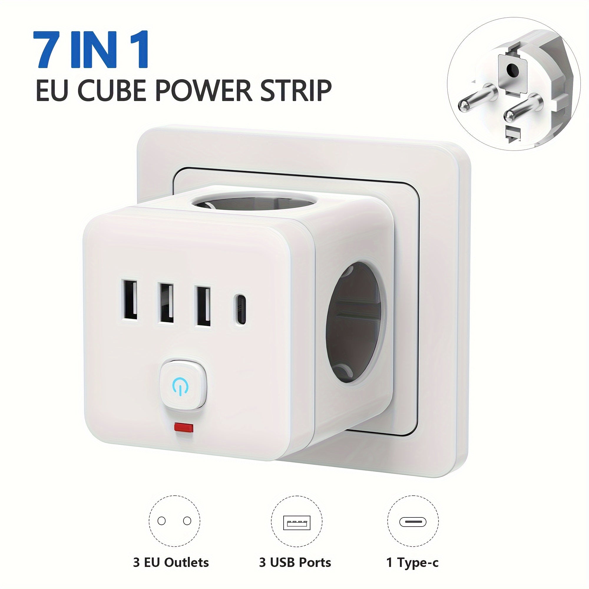 Regleta de corriente de la UE con protector contra sobretensiones 7-en-1, 3 tomas de corriente AC, 3 puertos USB Tipo-C para hogar, oficina y viajes