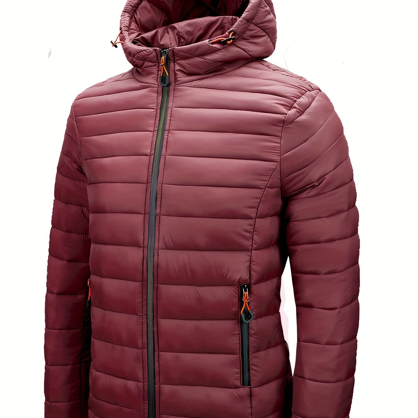 Erkaklar uchun qishki kapüşonli kurtka, yashil va to'q sariq fermuarli cho'ntaklar bilan, iliq naylon-poliester aralashmasidan tayyorlangan. To'liq fermuarsiz dizayn, ribbed bilak qismi va qulaylik uchun tikilgan izolyatsiya xususiyatlariga ega.