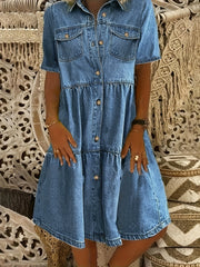Plus Size Women's Denim Midi Dress Casual Button Front Pockets Short Sleeve