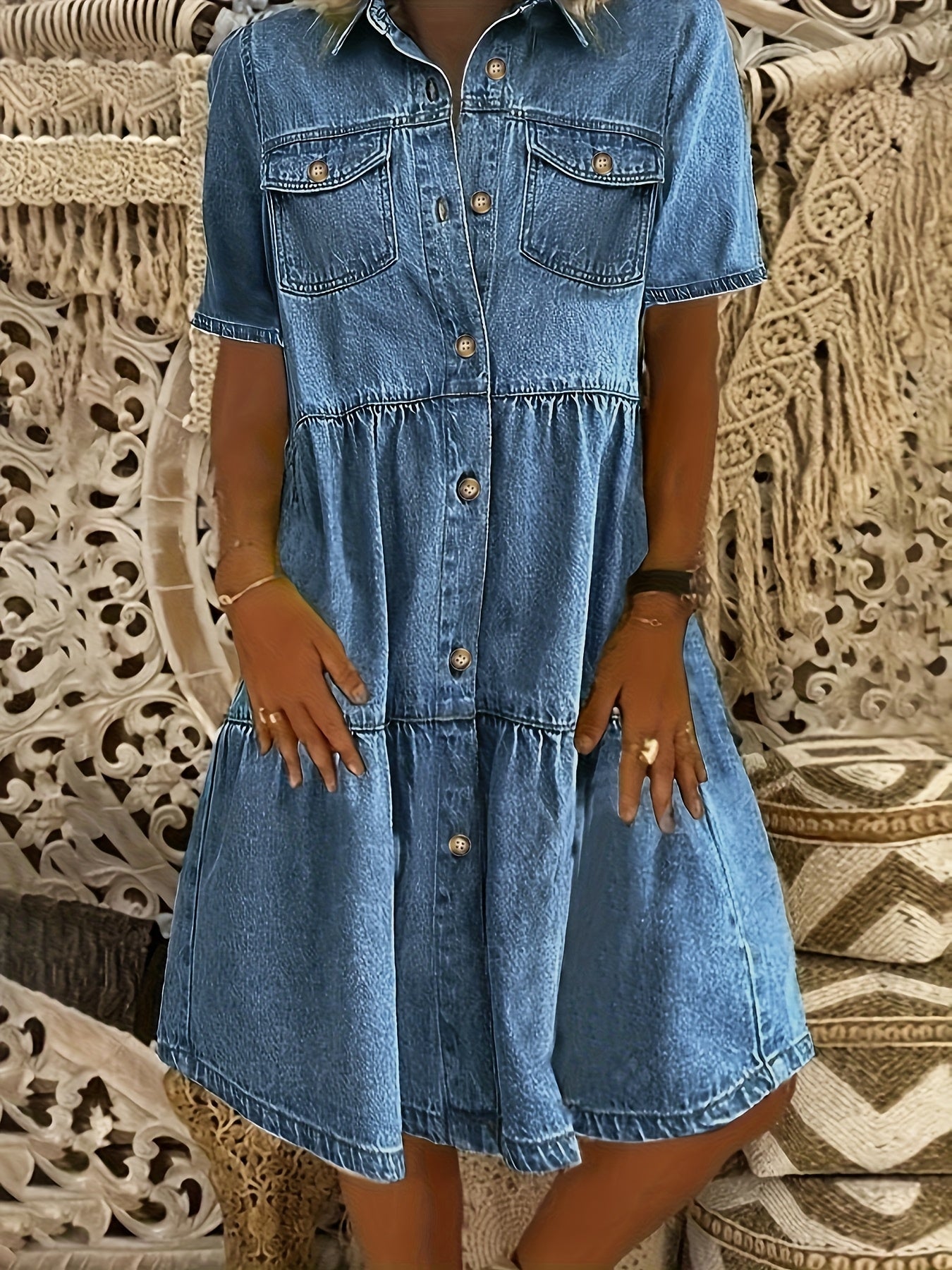 Plus Size Women's Denim Midi Dress Casual Button Front Pockets Short Sleeve