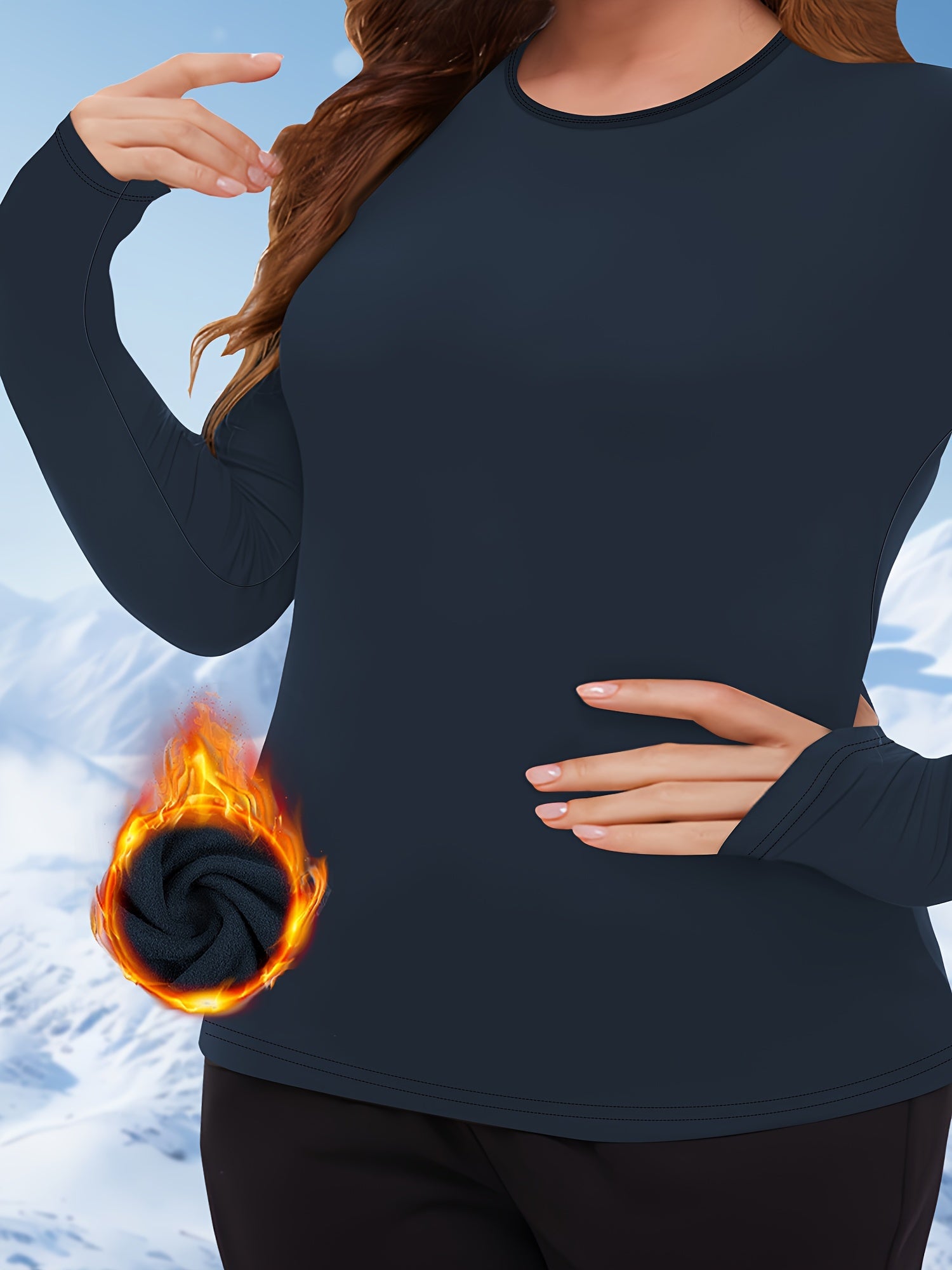 Plus Size Women's Wool-Lined Brushed Long Sleeve Thermal Top Solid Warm Underwear