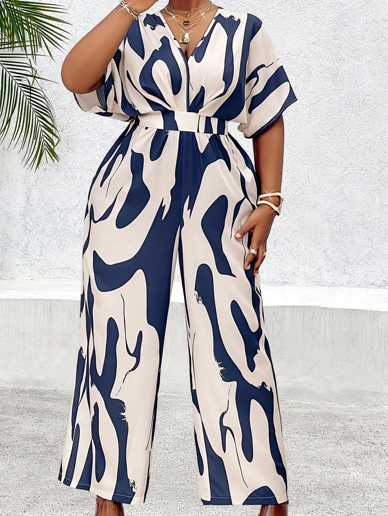 Women's Plus Size Batwing Sleeve Belted Print Jumpsuit