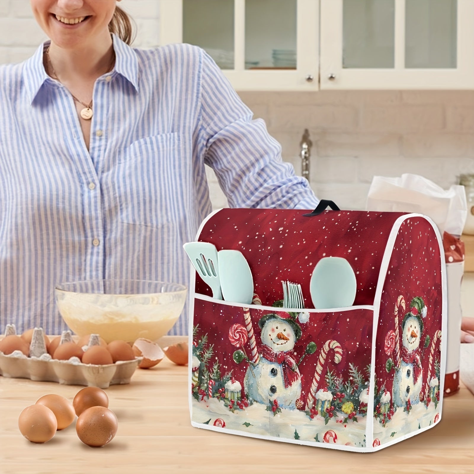 Christmas Snowman Print Stand Mixer Cover Dustproof Kitchen Accessory with Front Pocket