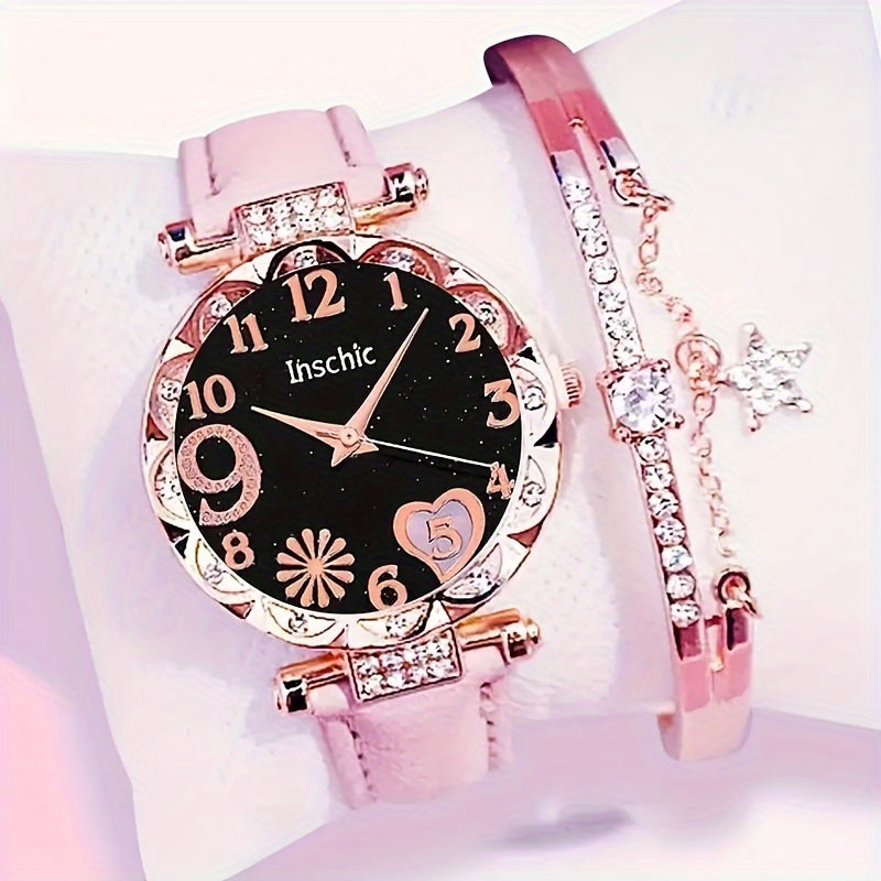 Set of 2 Quartz Heart-Shaped Watches and Star Bracelet for Women Gift for Her