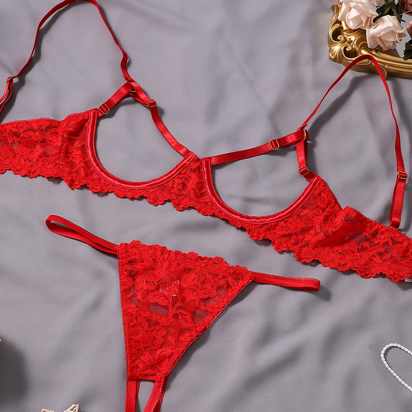 Women's Floral Lace Lingerie Set with Open Cup Bra and Crotchless Thong